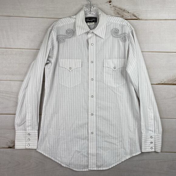 Vintage Wrangler Pearl Snap Short Sleeve Button Up White Embroidered Metallic - Picture 1 of 13